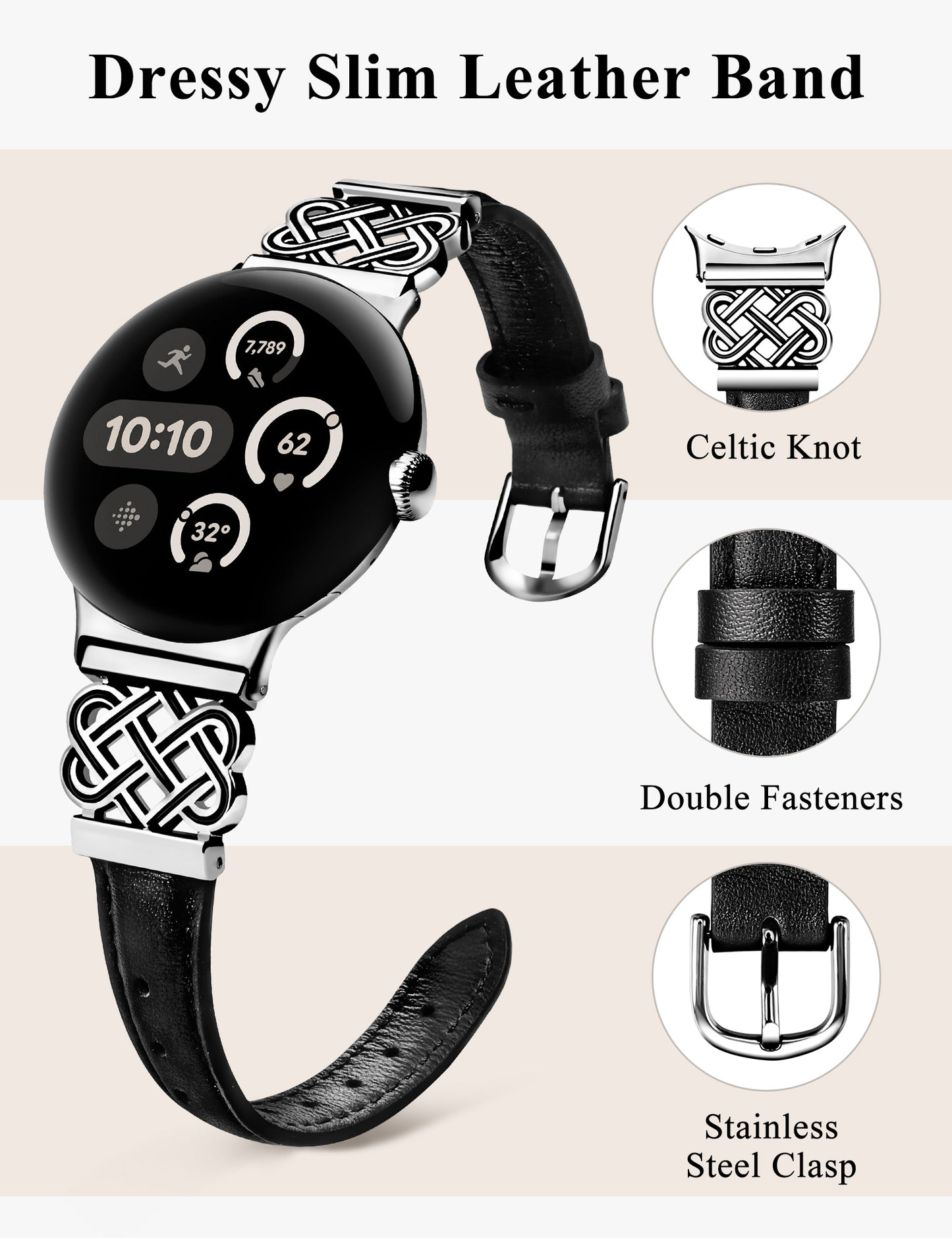 TOYOUTHS Celtic Knot Leather Band Compatible with Google Pixel Watch 3 41mm/Pixel Watch 2/Pixel Watch 1 Band Women, Slim Dressy Thin Fashion Designer Premium Leather Strap for Pixel 3 2 1 Smartwatch