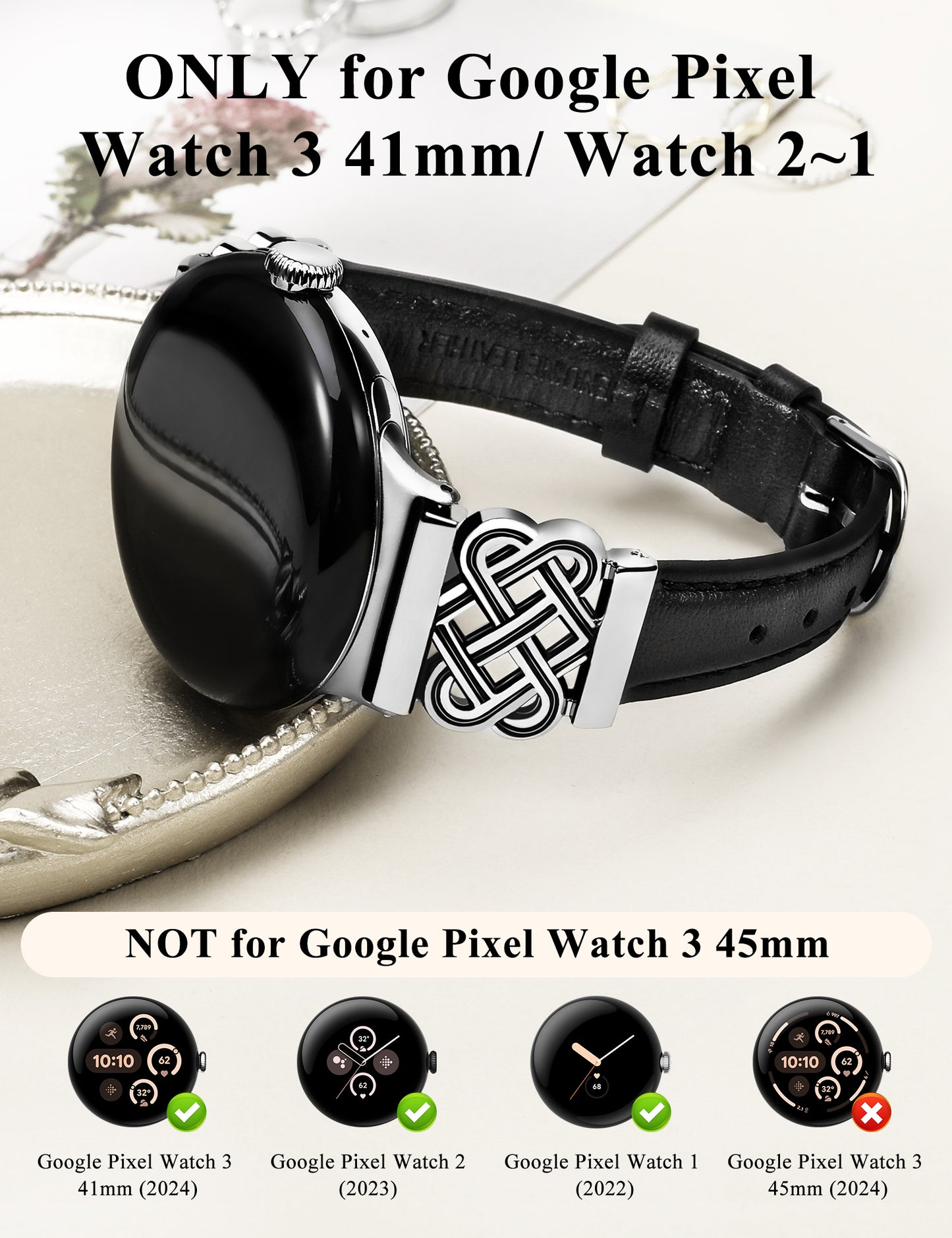 TOYOUTHS Celtic Knot Leather Band Compatible with Google Pixel Watch 3 41mm/Pixel Watch 2/Pixel Watch 1 Band Women, Slim Dressy Thin Fashion Designer Premium Leather Strap for Pixel 3 2 1 Smartwatch