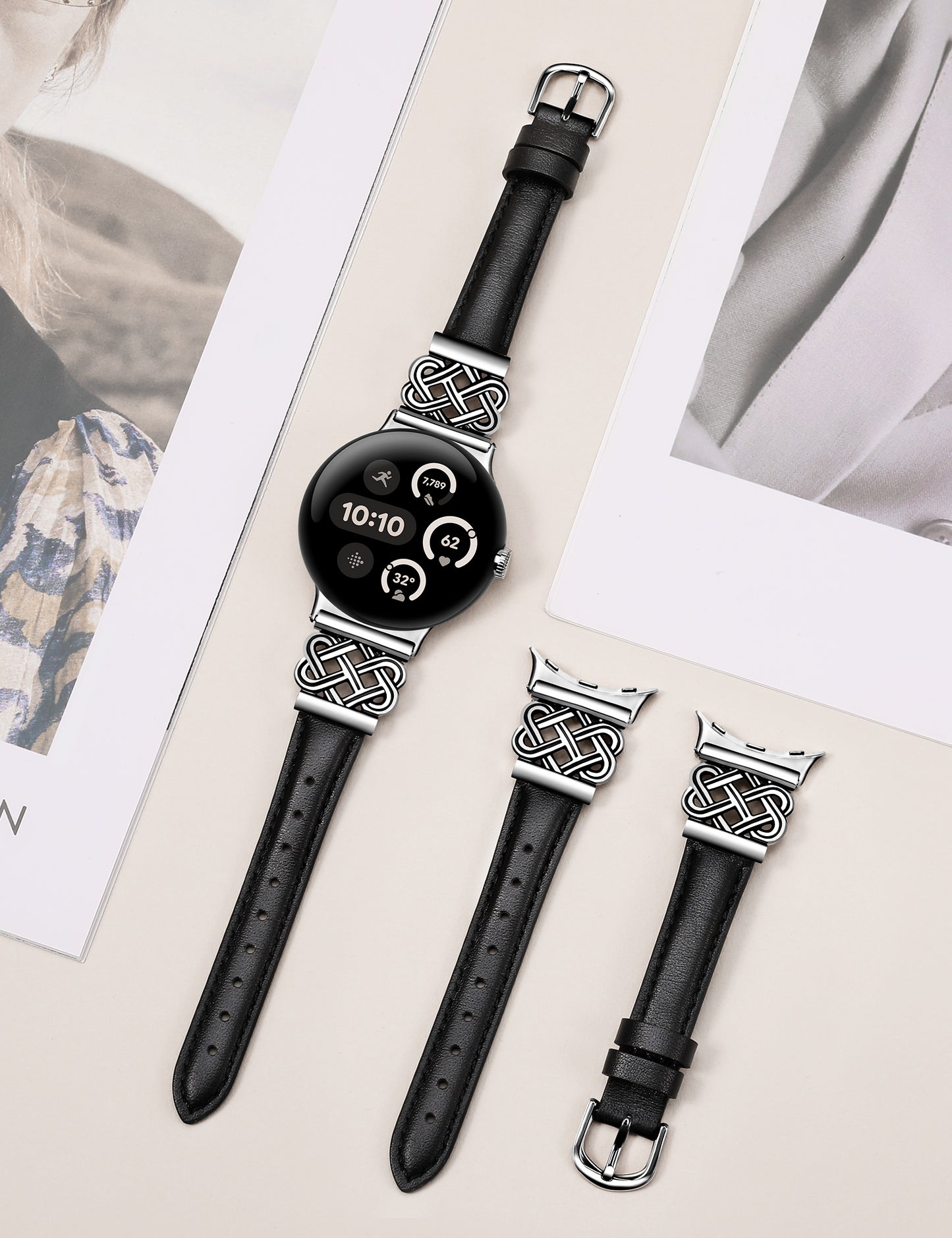 TOYOUTHS Celtic Knot Leather Band Compatible with Google Pixel Watch 3 41mm/Pixel Watch 2/Pixel Watch 1 Band Women, Slim Dressy Thin Fashion Designer Premium Leather Strap for Pixel 3 2 1 Smartwatch