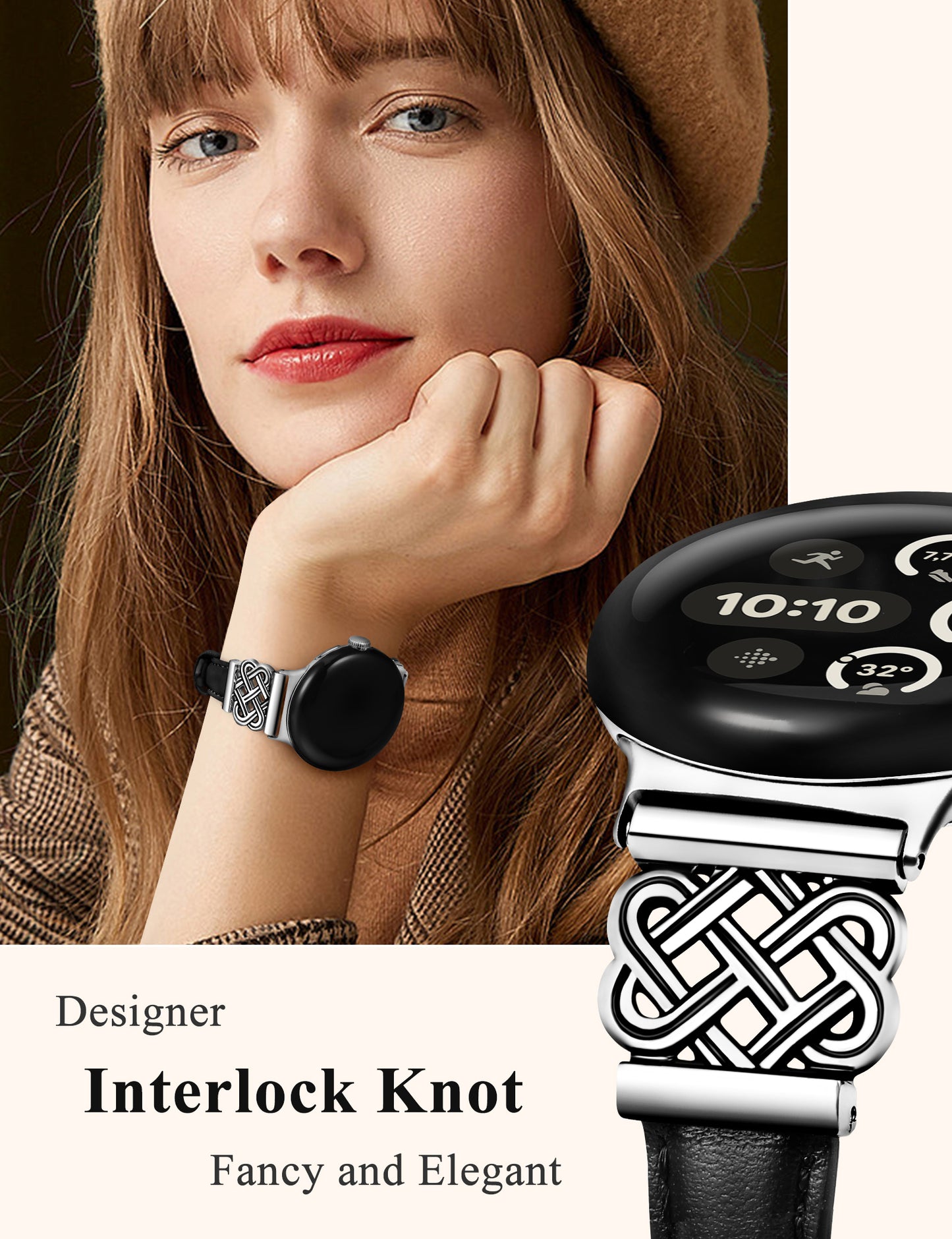 TOYOUTHS Celtic Knot Leather Band Compatible with Google Pixel Watch 3 41mm/Pixel Watch 2/Pixel Watch 1 Band Women, Slim Dressy Thin Fashion Designer Premium Leather Strap for Pixel 3 2 1 Smartwatch