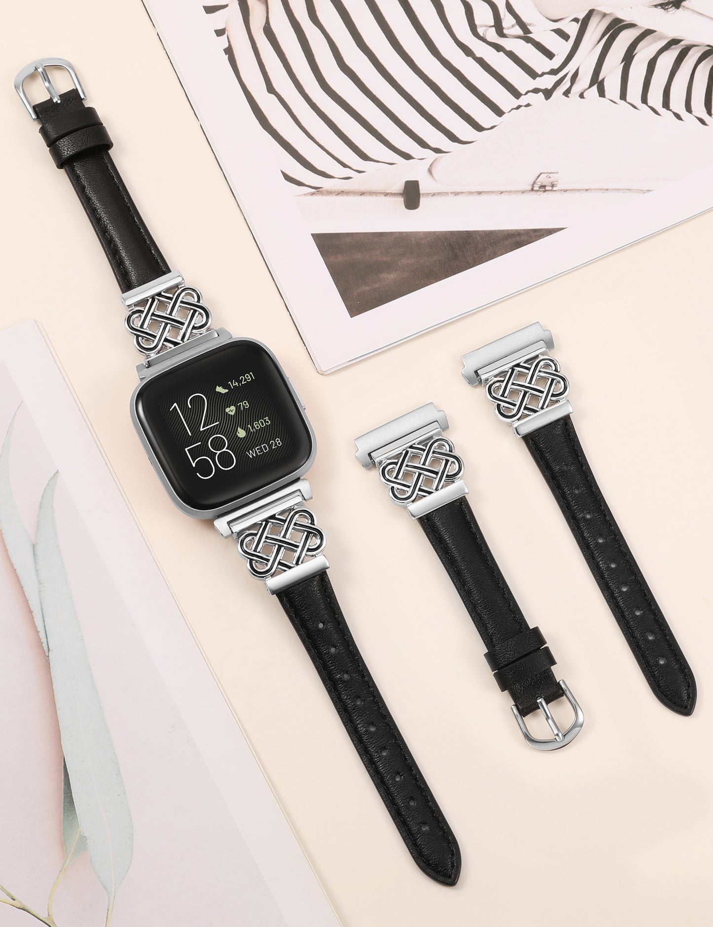TOYOUTHS Celtic Knot Leather Band Compatible with Fitbit Versa 2/Versa/Versa Lite/SE Band Women, Slim Dressy Thin Designer Premium Leather Strap with Interlock Buckle for Fitbit Versa 2 Smartwatch