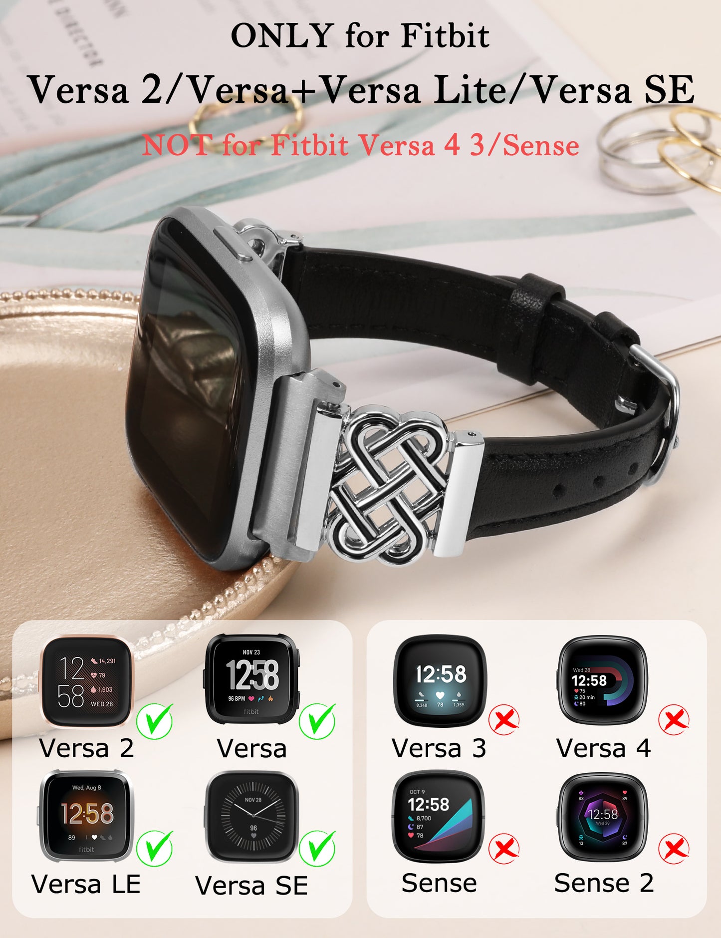 TOYOUTHS Celtic Knot Leather Band Compatible with Fitbit Versa 2/Versa/Versa Lite/SE Band Women, Slim Dressy Thin Designer Premium Leather Strap with Interlock Buckle for Fitbit Versa 2 Smartwatch