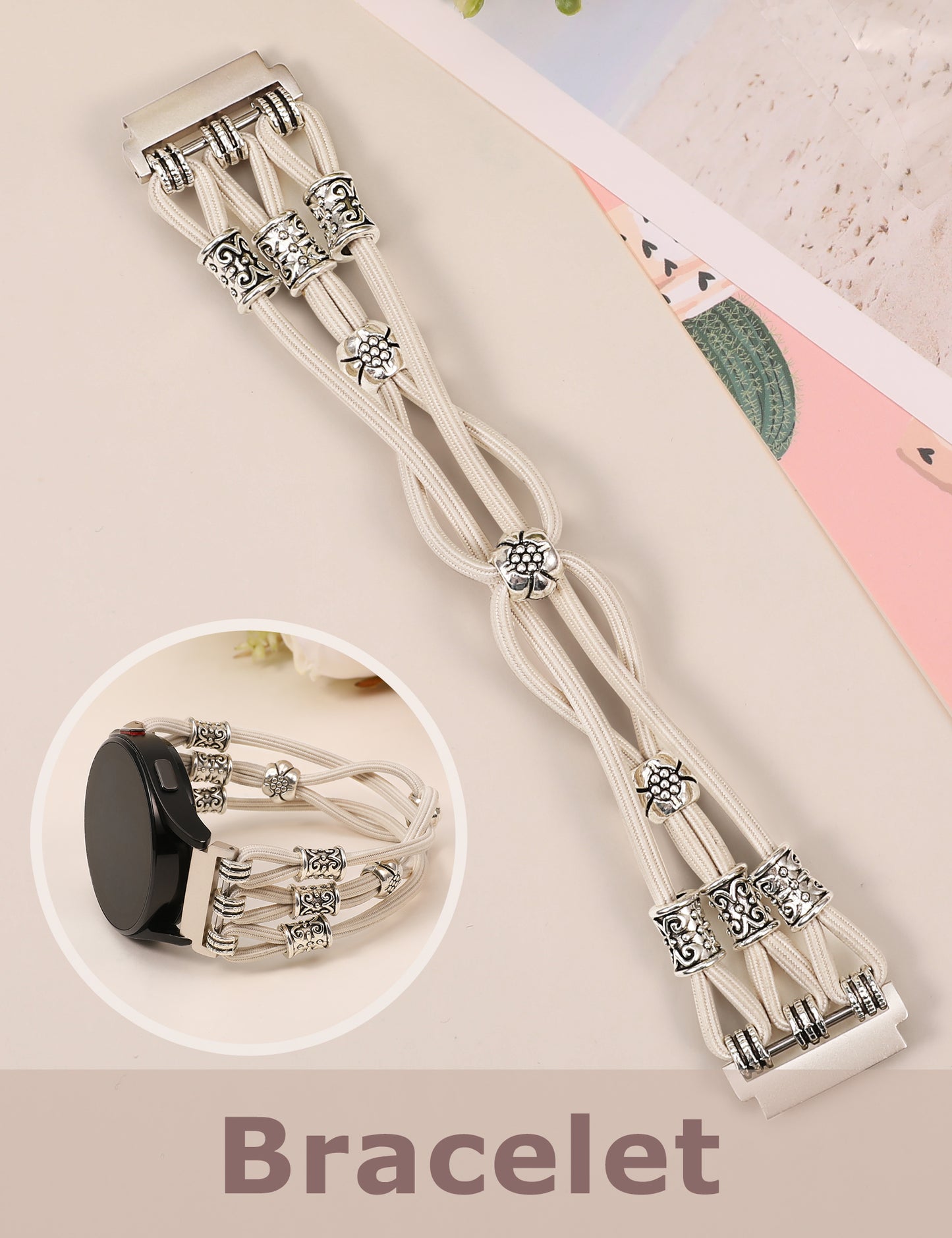 TOYOUTHS Boho Beaded Bracelet Band Compatible with Samsung Galaxy Watch 7 6 5 4 FE 40mm 44mm/Watch 6 Classic/Watch 5 Pro/Watch 4 Classic/Active 2/Watch 3 Women, 20mm Stretchy Solo Loop Dressy Strap