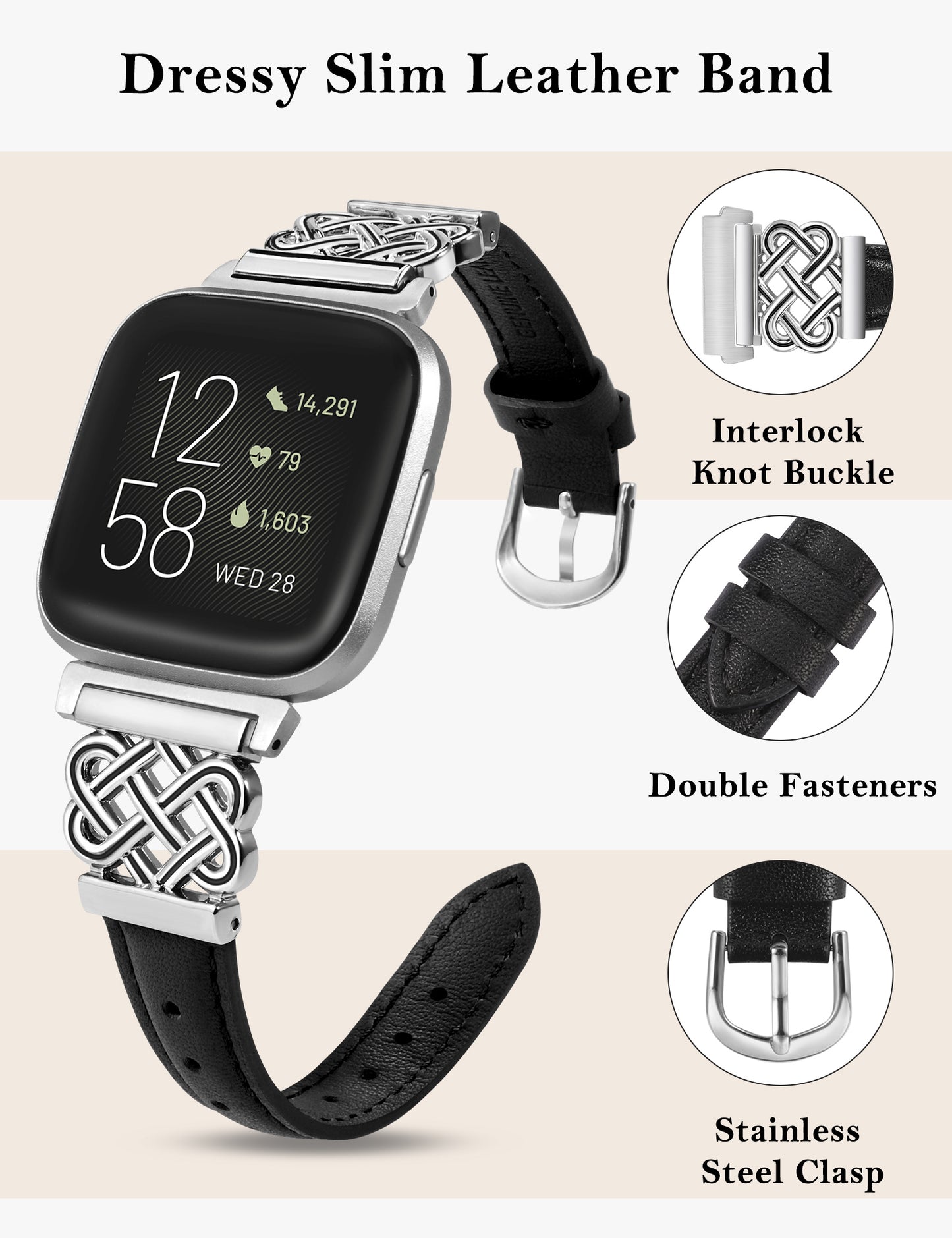 TOYOUTHS Celtic Knot Leather Band Compatible with Fitbit Versa 2/Versa/Versa Lite/SE Band Women, Slim Dressy Thin Designer Premium Leather Strap with Interlock Buckle for Fitbit Versa 2 Smartwatch