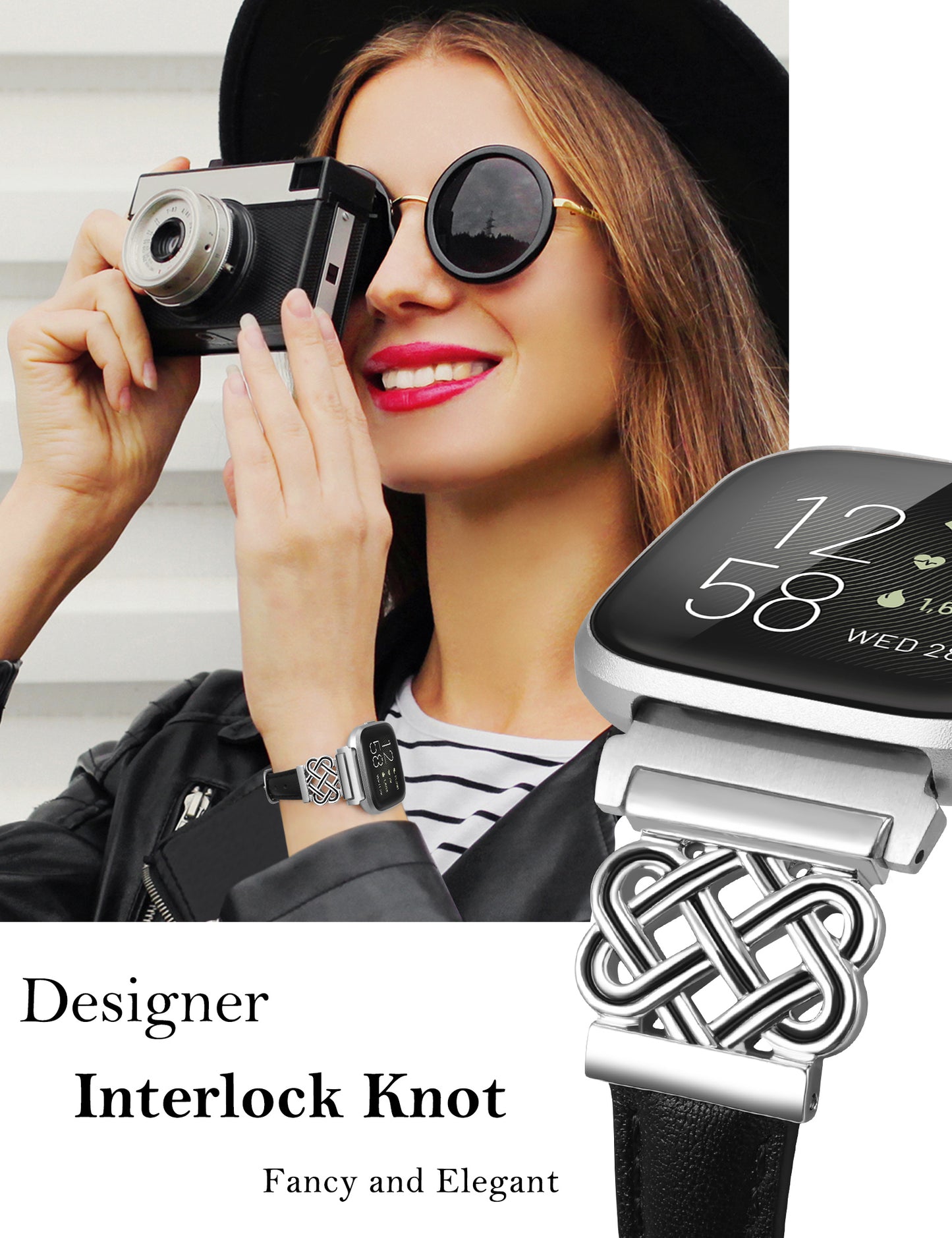 TOYOUTHS Celtic Knot Leather Band Compatible with Fitbit Versa 2/Versa/Versa Lite/SE Band Women, Slim Dressy Thin Designer Premium Leather Strap with Interlock Buckle for Fitbit Versa 2 Smartwatch