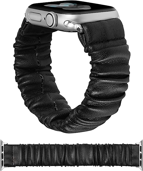 TOYOUTHS Leather Stretchy Band Compatible with Apple Watch Band Scrunchie Women Kids Cute Elastic Bracelet for iwatch Series 8/7(41mm), SE/6/5/4(40mm), 3/2/1(38mm), Black