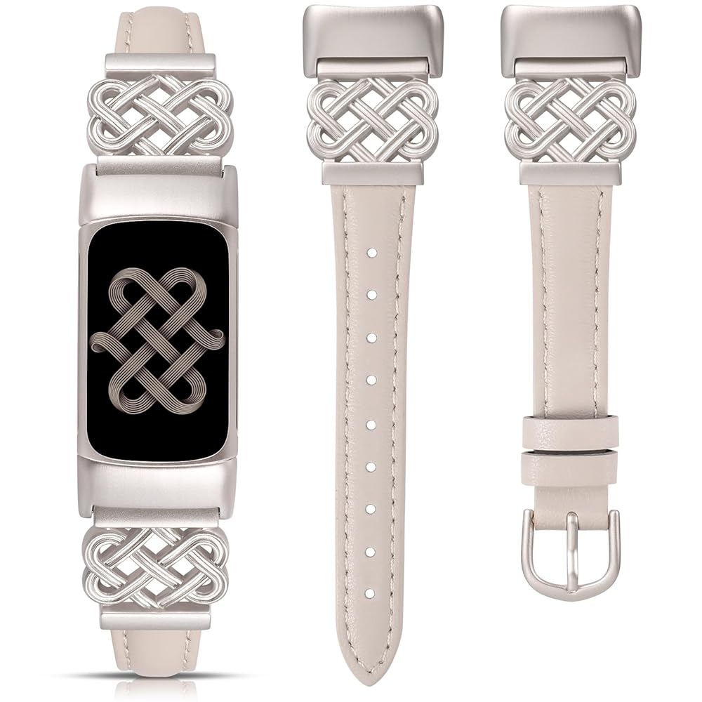 TOYOUTHS Celtic Knot Leather Band Compatible with Fitbit Charge 6/Fitbit Charge 5 Band Women, Slim Dressy Thin Designer Premium Leather Strap with Interlock Buckle for Fitbit Charge 6/5 Smartwatch