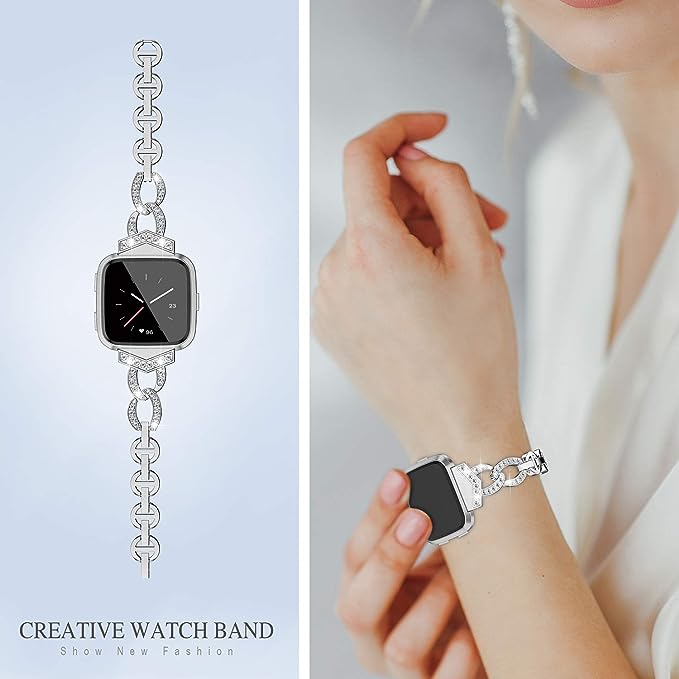 TOYOUTHS Bling Strap Compatible with Fitbit Versa/Versa 2/Versa Lite Special Edition Bands Women Stainless Steel Metal Dressy Bracelet with Diamonds Wristbands for Versa 2 Special Edition