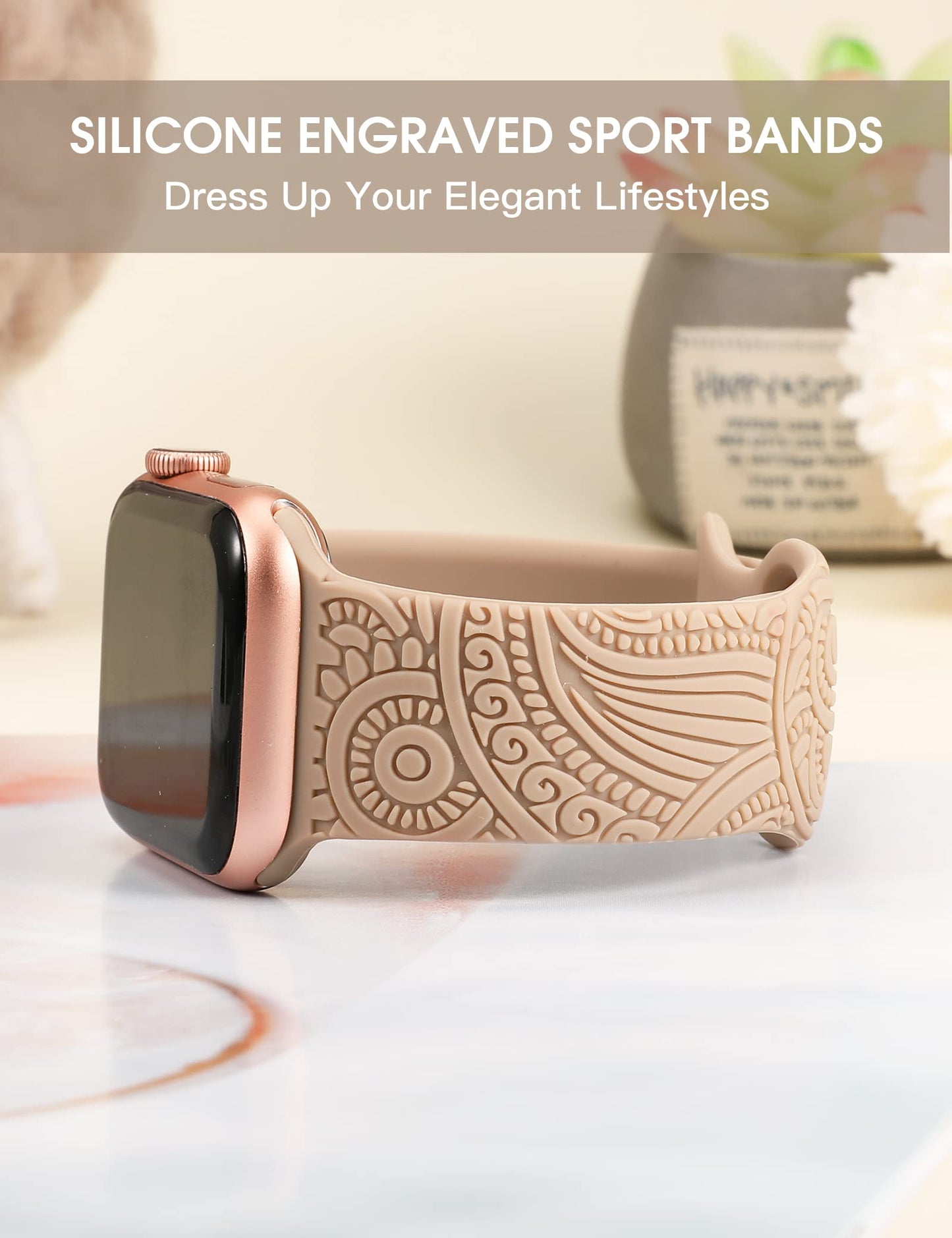 TOYOUTHS Boho Engraved Bracelet Compatible with Apple Watch Band 38mm 40mm 41mm Women Designer Bohemian Fall Floral Soft Silicone Waterproof Sport Strap for iWatch Series 9/8/7/6/5/4/3/2/1/SE