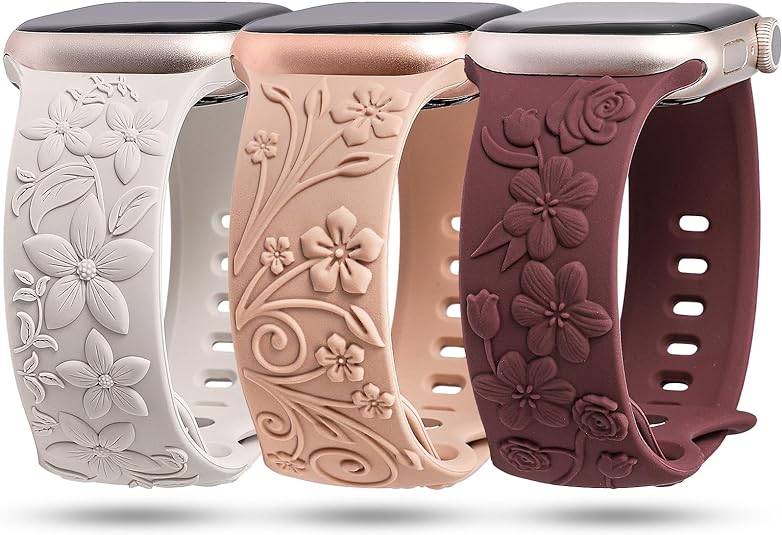 TOYOUTHS 3 Pack Floral Embossed Bands Compatible with Apple Watch Band 38/40/41/42/44/45/49mm Women, Engraved Soft Silicone 3D Flower Cute Dressy Straps for iWatch Series 9/SE/Ultra/8/7/6/5/4/3/2/1