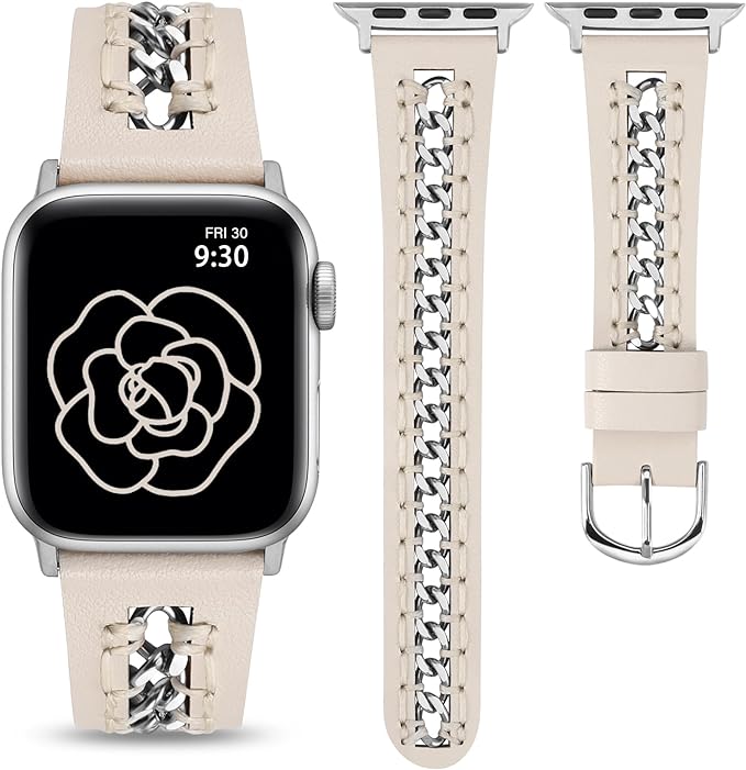 TOYOUTHS Leather Link Band Compatible with Apple Watch Strap Women 38/40/41/42/44/45/49mm Fancy Leather Bracelet with Metal Chains Cowboy Wristband for iWatch Bands Series Ultra SE 9 8 7 6 5 4 3 2 1