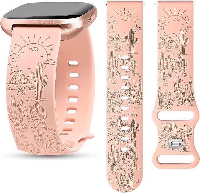 TOYOUTHS Compatible with Fitbit Versa 2 Bands/Versa Lite/Versa Watch Band Women Men Soft Silicone Engraved Dressy Western Saguaro Cactus Vintage Sport Strap Versa 2 Special Edition Wristband