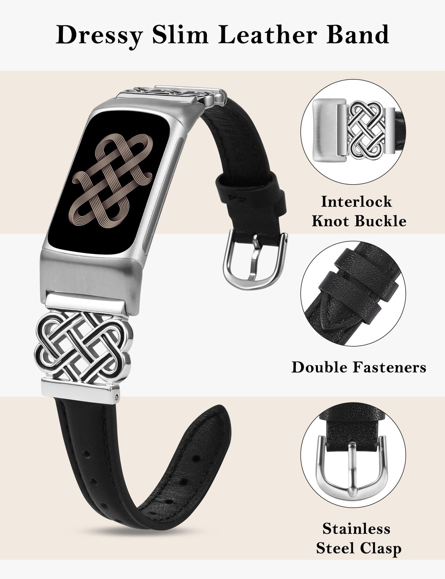 TOYOUTHS Celtic Knot Leather Band Compatible with Fitbit Charge 6/Fitbit Charge 5 Band Women, Slim Dressy Thin Designer Premium Leather Strap with Interlock Buckle for Fitbit Charge 6/5 Smartwatch