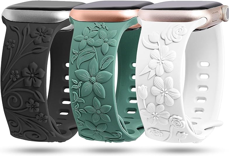 TOYOUTHS 3 Pack Floral Embossed Bands Compatible with Apple Watch Band 38/40/41/42/44/45/49mm Women, Engraved Soft Silicone 3D Flower Cute Dressy Straps for iWatch Series 9/SE/Ultra/8/7/6/5/4/3/2/1