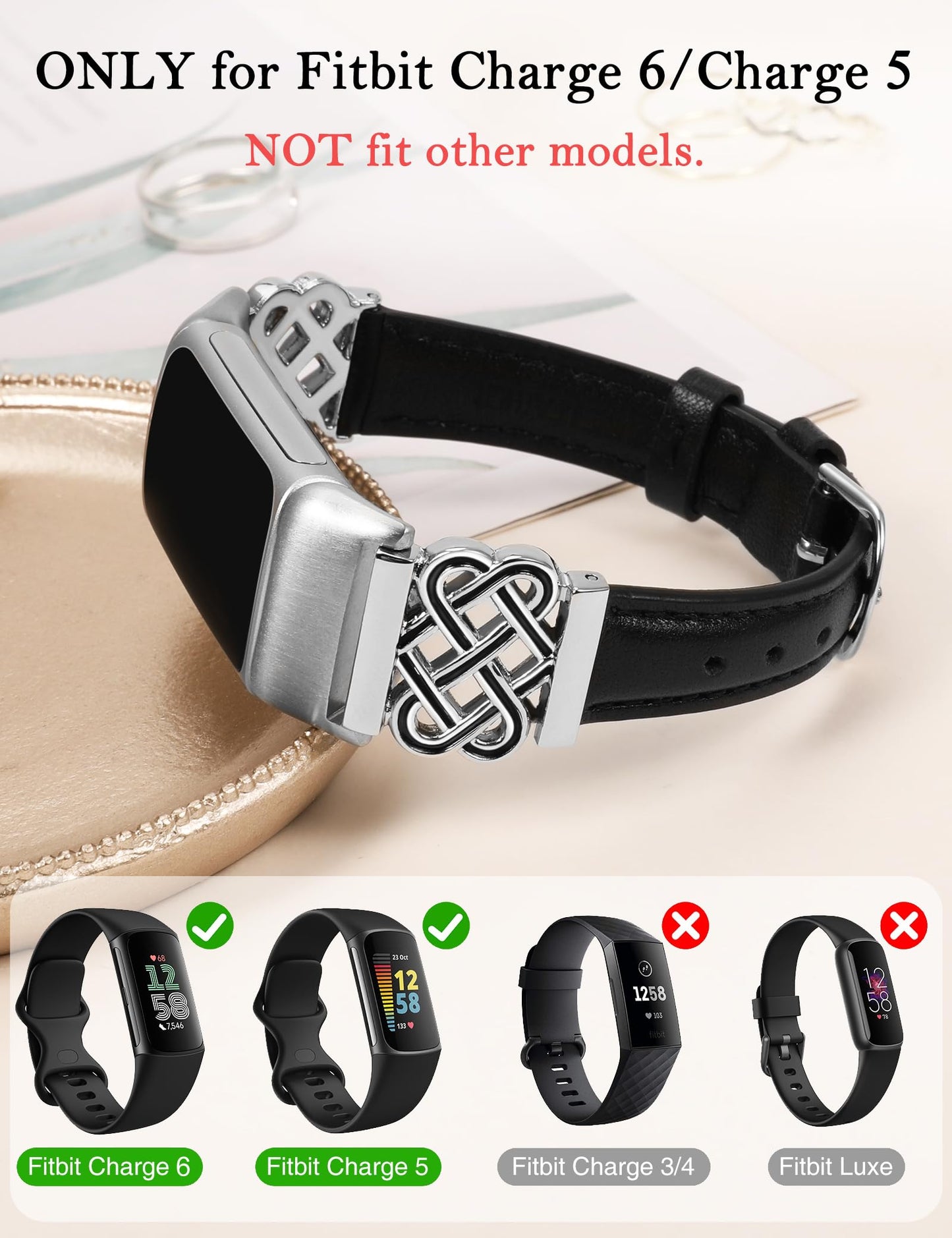 TOYOUTHS Celtic Knot Leather Band Compatible with Fitbit Charge 6/Fitbit Charge 5 Band Women, Slim Dressy Thin Designer Premium Leather Strap with Interlock Buckle for Fitbit Charge 6/5 Smartwatch