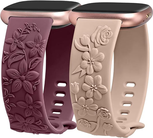TOYOUTHS 2 Pack Compatible with Fitbit Versa 4/Versa 3/Sense 2/Sense Bands for Women Floral Engraved Straps Soft Silicone Dressy Embossed Flower Wristband Bracelet for Fitbit Versa 4/Sense Watch Band