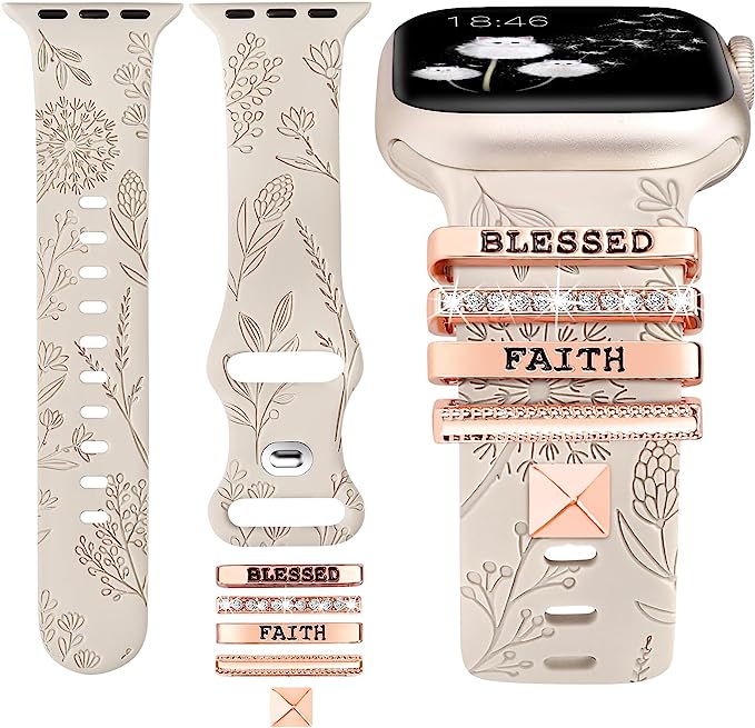 TOYOUTHS Compatible with Apple Watch Band with Charms Women Floral Engraved Silicone Strap with Decorative Ring Loops Dressy Bracelet for iWatch 38/40/41mm Series SE 8 7 6 5 4 3 2 1