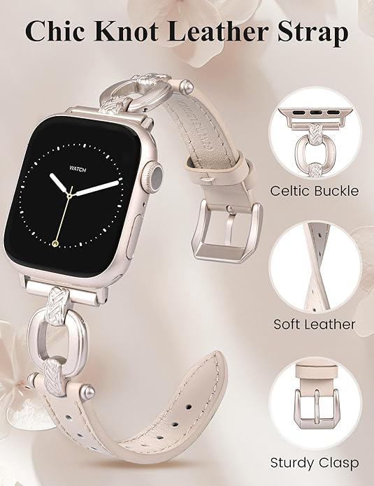 TOYOUTHS Leather Band Compatible with Apple Watch Bands Women 38/40/41/42/44/45/46/49mm Dressy Slim Leather Strap with Boho Metal Knot Buckle Bracelet for iWatch Series 10/9/8/7/6/5/4/3/2/1/SE/Ultra