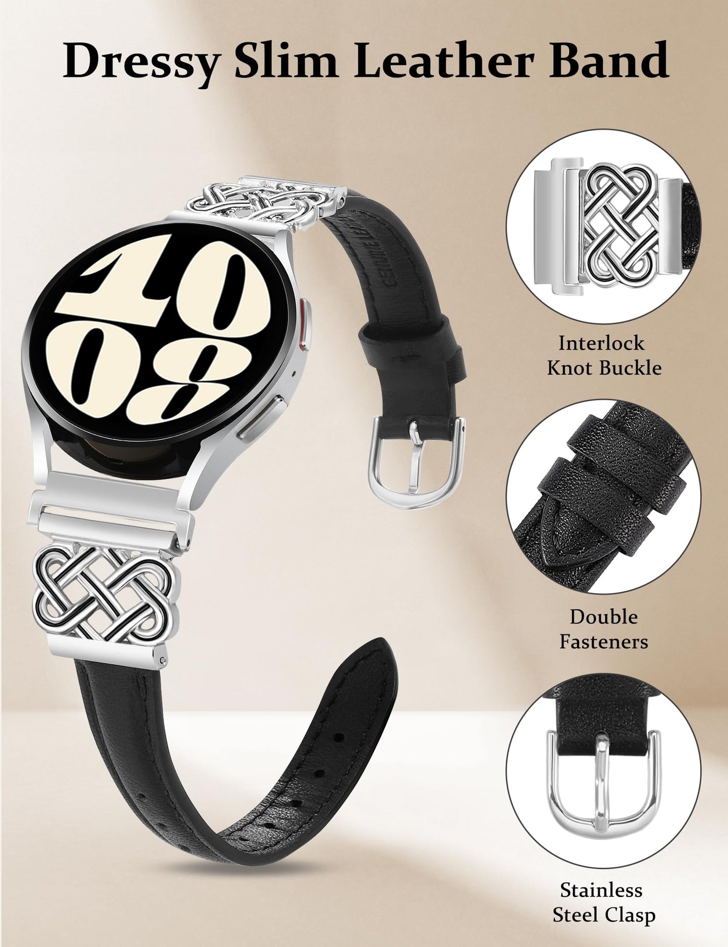 TOYOUTHS Celtic Knot Leather Band Compatible with Samsung Galaxy Watch 7 6 5 4 FE 40mm 44mm/Watch 6 Classic/Watch 5 Pro/Watch 4 Classic/Active 2/Watch 3 41mm Women, 20mm Slim Dressy Leather Strap
