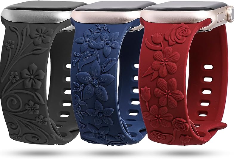 TOYOUTHS 3 Pack Floral Embossed Bands Compatible with Apple Watch Band 38/40/41/42/44/45/49mm Women, Engraved Soft Silicone 3D Flower Cute Dressy Straps for iWatch Series 9/SE/Ultra/8/7/6/5/4/3/2/1