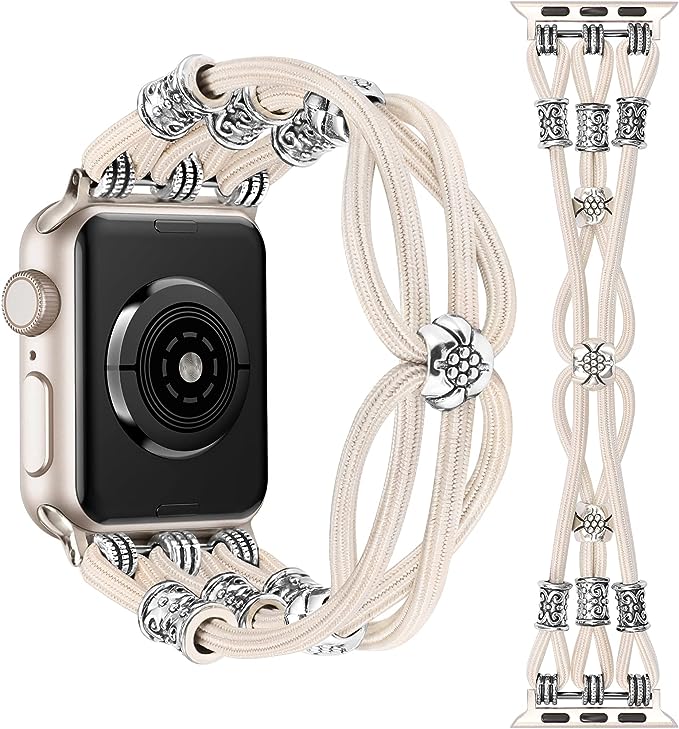 TOYOUTHS Boho Beaded Bracelet Compatible with Apple Watch Band 38mm 40mm 41mm Women Braided Elastic Stretchy Solo Loop Nylon Cute Beads Strap for iWatch Series 8/7/SE/6/5/4/3/2/1