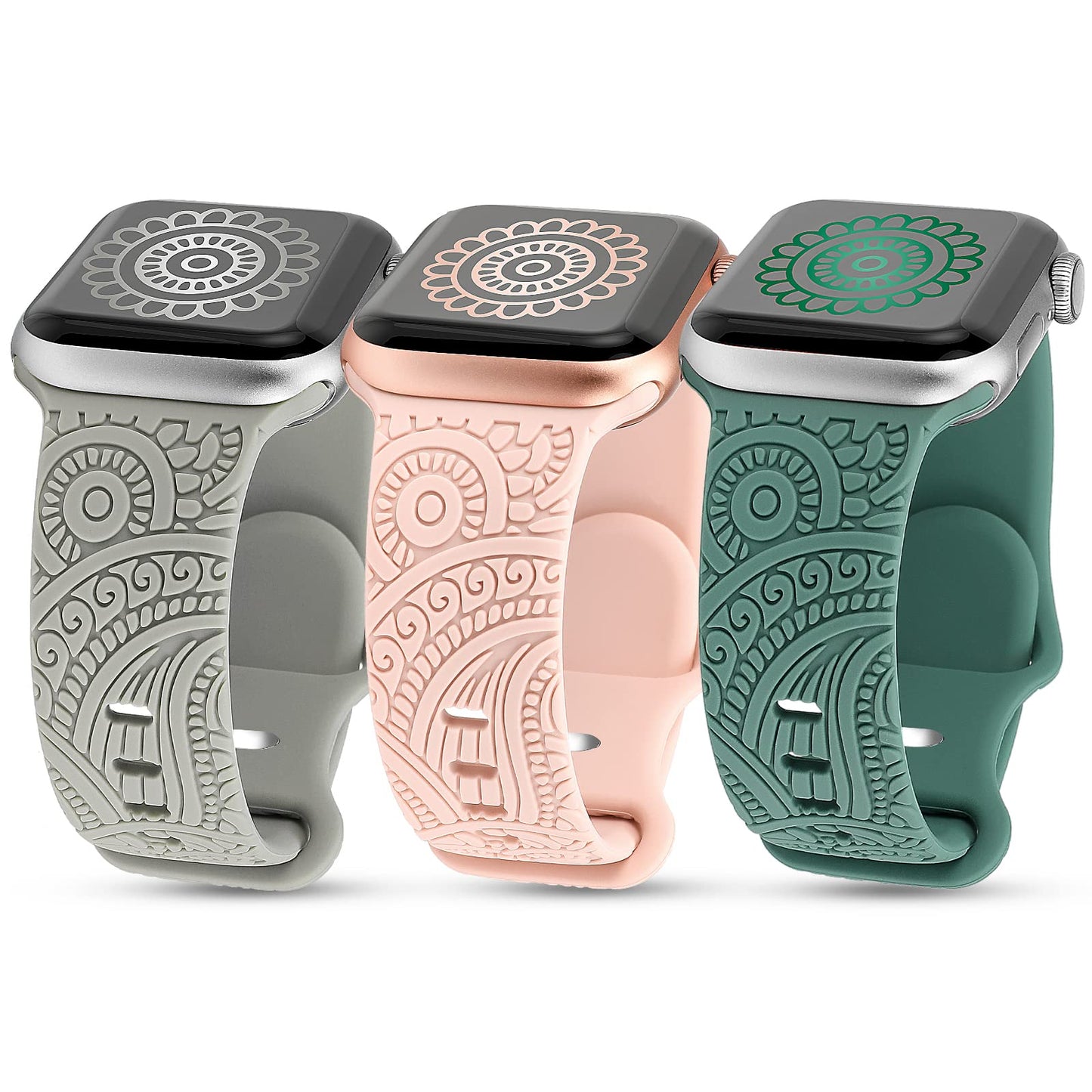 TOYOUTHS 3-Pack Compatible with Apple Watch Band 38mm 40mm 41mm Women Soft Silicone Laser Engraved Boho Floral Bracelet Sport Straps for iWatch Series 9 8 7 6 5 4 3 2 1 SE