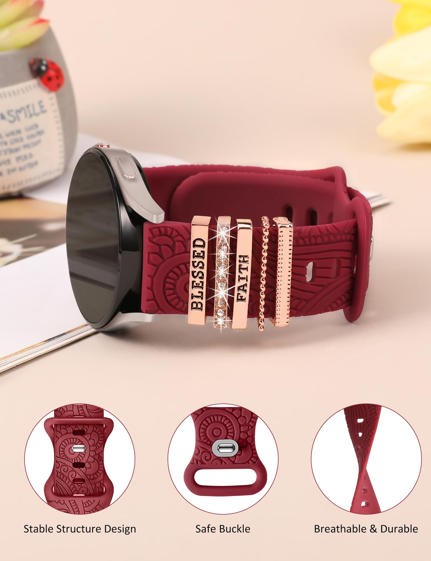 TOYOUTHS Compatible with Samsung Galaxy Watch 6/6 Classic/Watch 5/5 Pro/Watch 4 Band with Charms Women, 20mm Silicone Floral Engraved Strap with Ring Loops for Watch 3 41mm/Active 2