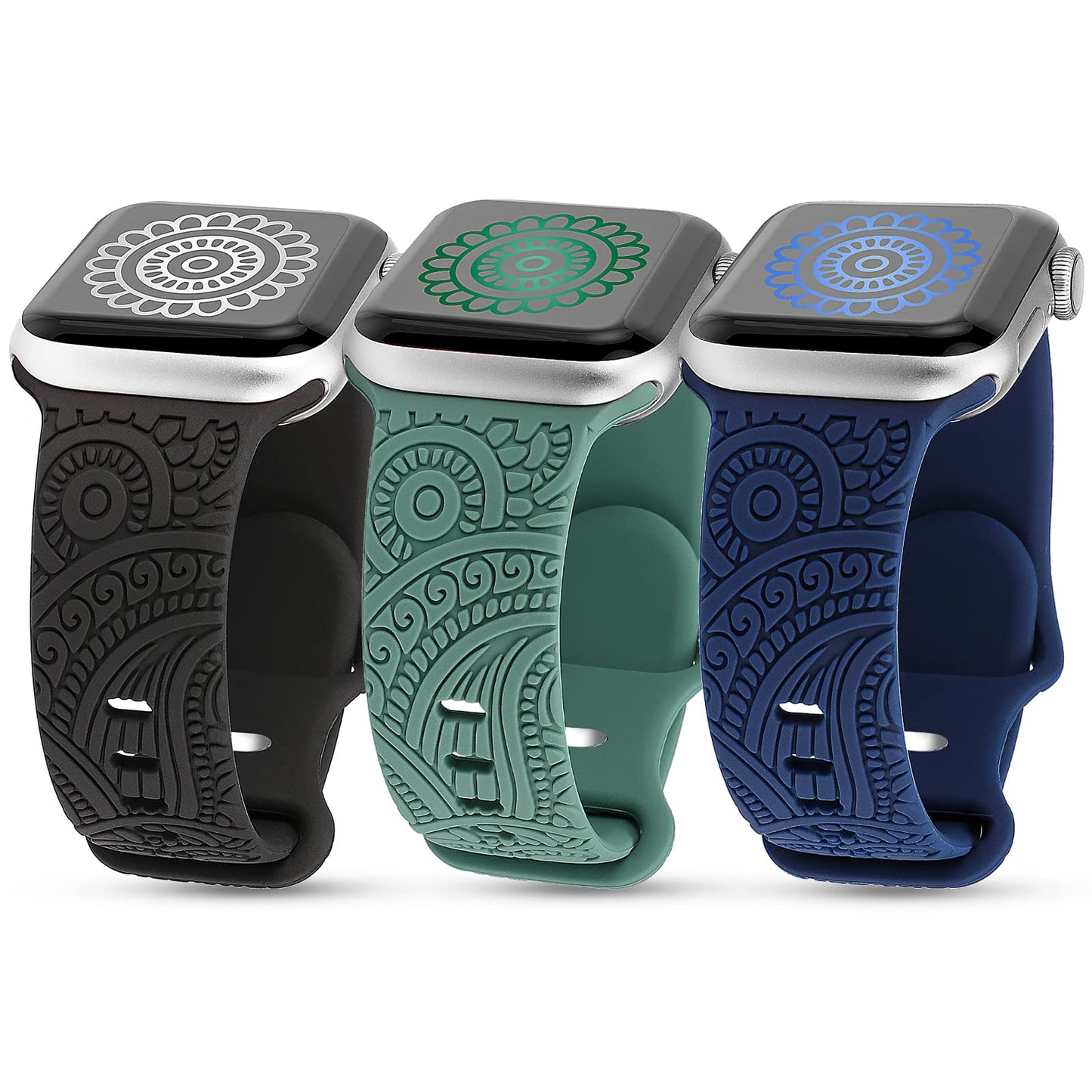 TOYOUTHS 3-Pack Compatible with Apple Watch Band 38mm 40mm 41mm Women Soft Silicone Laser Engraved Boho Floral Bracelet Sport Straps for iWatch Series 9 8 7 6 5 4 3 2 1 SE