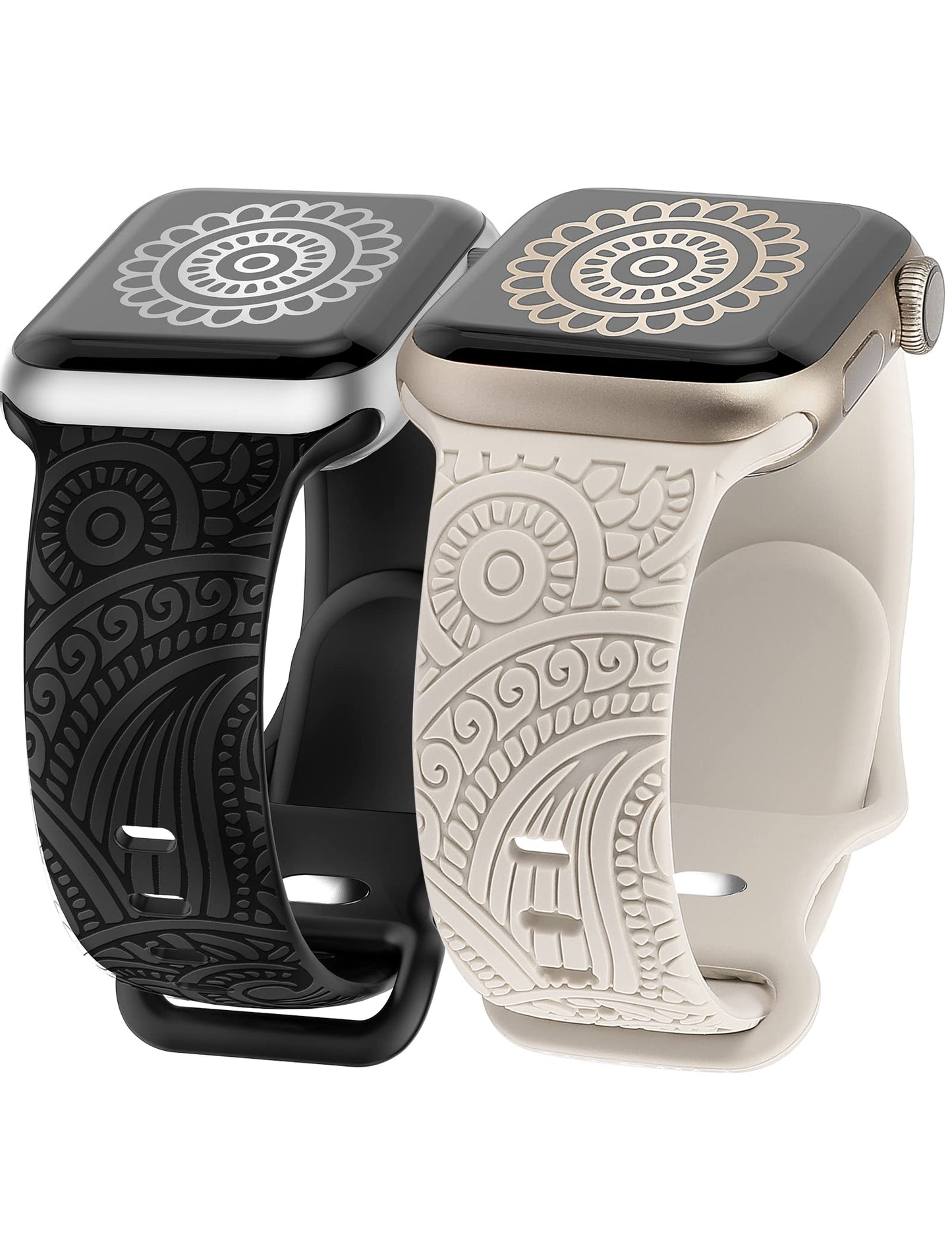 TOYOUTHS 2 Packs Boho Engraved Bracelet Compatible with Apple Watch Band 38mm 40mm 41mm Women Designer Fall Floral Silicone Waterproof Strap for iWatch Series 9/8/7/6/5/4/3/2/1/SE