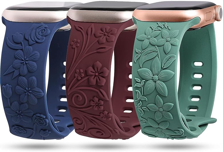 TOYOUTHS 3 Pack Floral Embossed Bands Compatible with Apple Watch Band 38/40/41/42/44/45/49mm Women, Engraved Soft Silicone 3D Flower Cute Dressy Straps for iWatch Series 9/SE/Ultra/8/7/6/5/4/3/2/1
