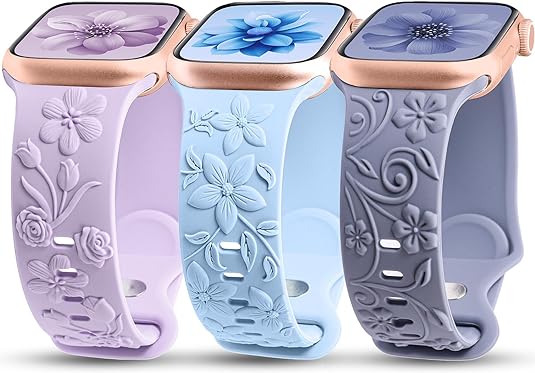 TOYOUTHS 3 Pack Floral Embossed Bands Compatible with Apple Watch Band 38/40/41/42/44/45/49mm Women, Engraved Soft Silicone 3D Flower Cute Dressy Straps for iWatch Series 9/SE/Ultra/8/7/6/5/4/3/2/1