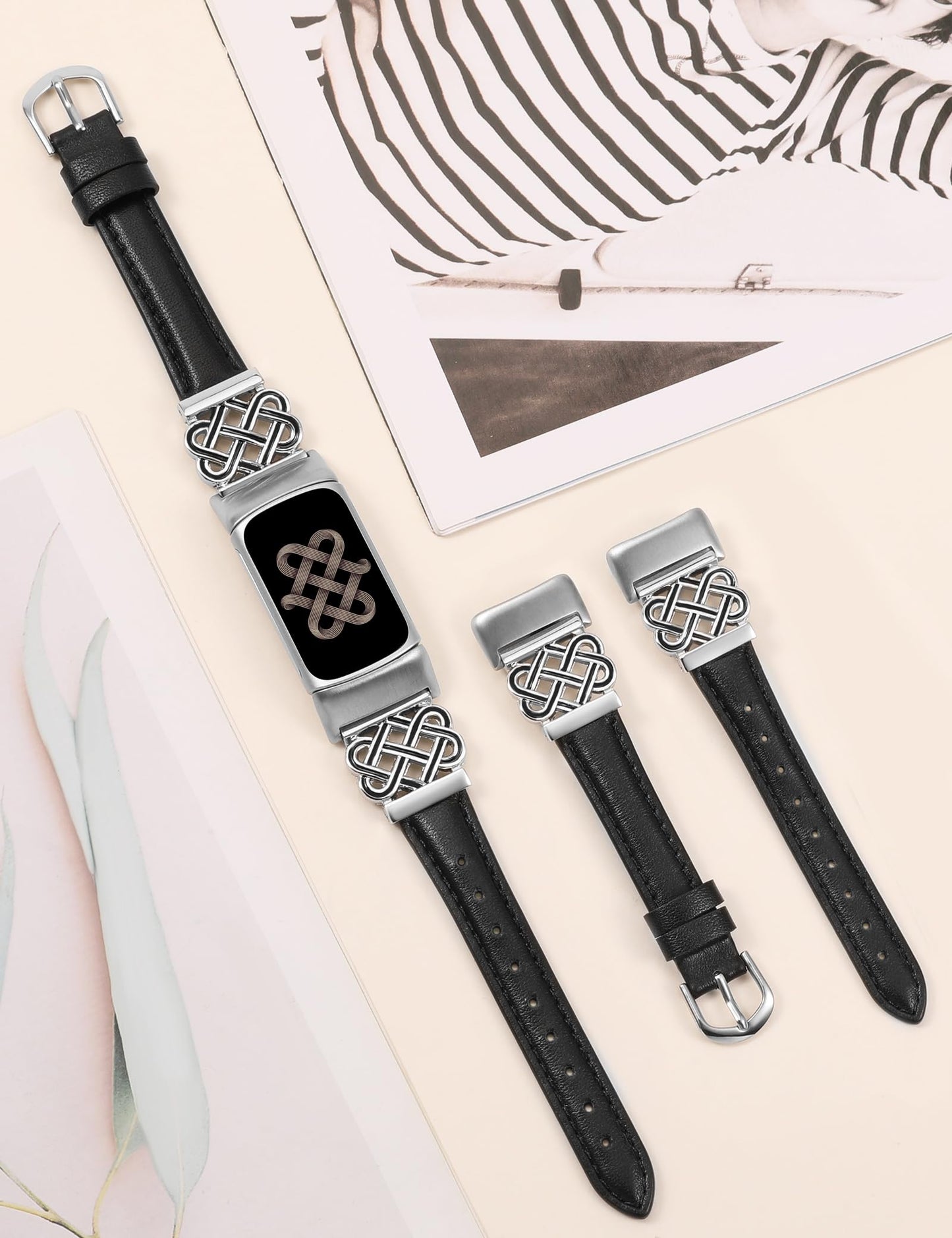 TOYOUTHS Celtic Knot Leather Band Compatible with Fitbit Charge 6/Fitbit Charge 5 Band Women, Slim Dressy Thin Designer Premium Leather Strap with Interlock Buckle for Fitbit Charge 6/5 Smartwatch