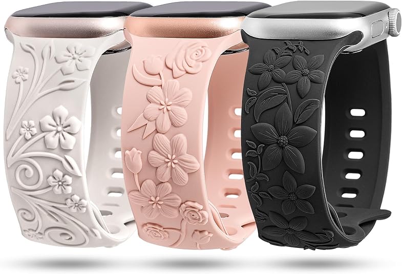 TOYOUTHS 3 Pack Floral Embossed Bands Compatible with Apple Watch Band 38/40/41/42/44/45/49mm Women, Engraved Soft Silicone 3D Flower Cute Dressy Straps for iWatch Series 9/SE/Ultra/8/7/6/5/4/3/2/1