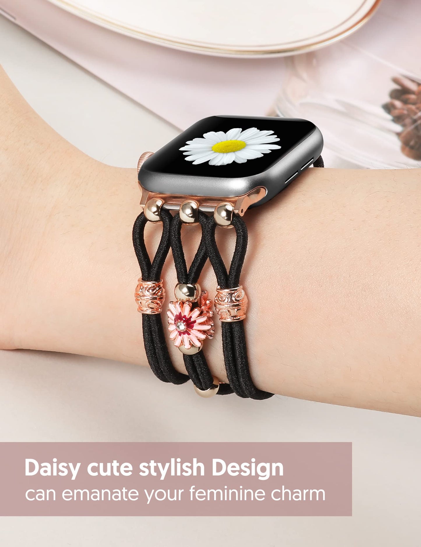 TOYOUTHS Floral Bracelet Compatible with Apple Watch Band 42/41/40/38mm Women, Boho Beaded Braided Slim Elastic Stretchy Solo Loop Dressy Nylon Strap for iWatch Series 10/9/SE/8/7/6/5/4/3/2/1