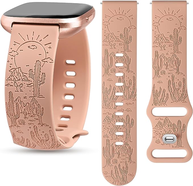 TOYOUTHS Compatible with Fitbit Versa 2 Bands/Versa Lite/Versa Watch Band Women Men Soft Silicone Engraved Dressy Western Saguaro Cactus Vintage Sport Strap Versa 2 Special Edition Wristband