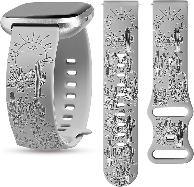 TOYOUTHS Compatible with Fitbit Versa 2 Bands/Versa Lite/Versa Watch Band Women Men Soft Silicone Engraved Dressy Western Saguaro Cactus Vintage Sport Strap Versa 2 Special Edition Wristband