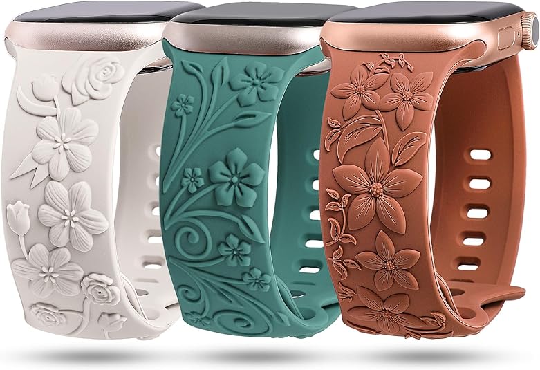TOYOUTHS 3 Pack Floral Embossed Bands Compatible with Apple Watch Band 38/40/41/42/44/45/49mm Women, Engraved Soft Silicone 3D Flower Cute Dressy Straps for iWatch Series 9/SE/Ultra/8/7/6/5/4/3/2/1