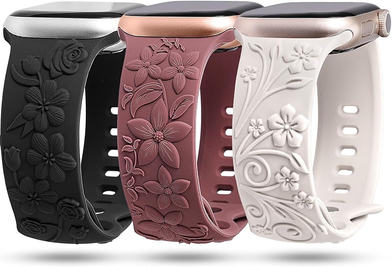 TOYOUTHS 3 Pack Floral Embossed Bands Compatible with Apple Watch Band 38/40/41/42/44/45/49mm Women, Engraved Soft Silicone 3D Flower Cute Dressy Straps for iWatch Series 9/SE/Ultra/8/7/6/5/4/3/2/1