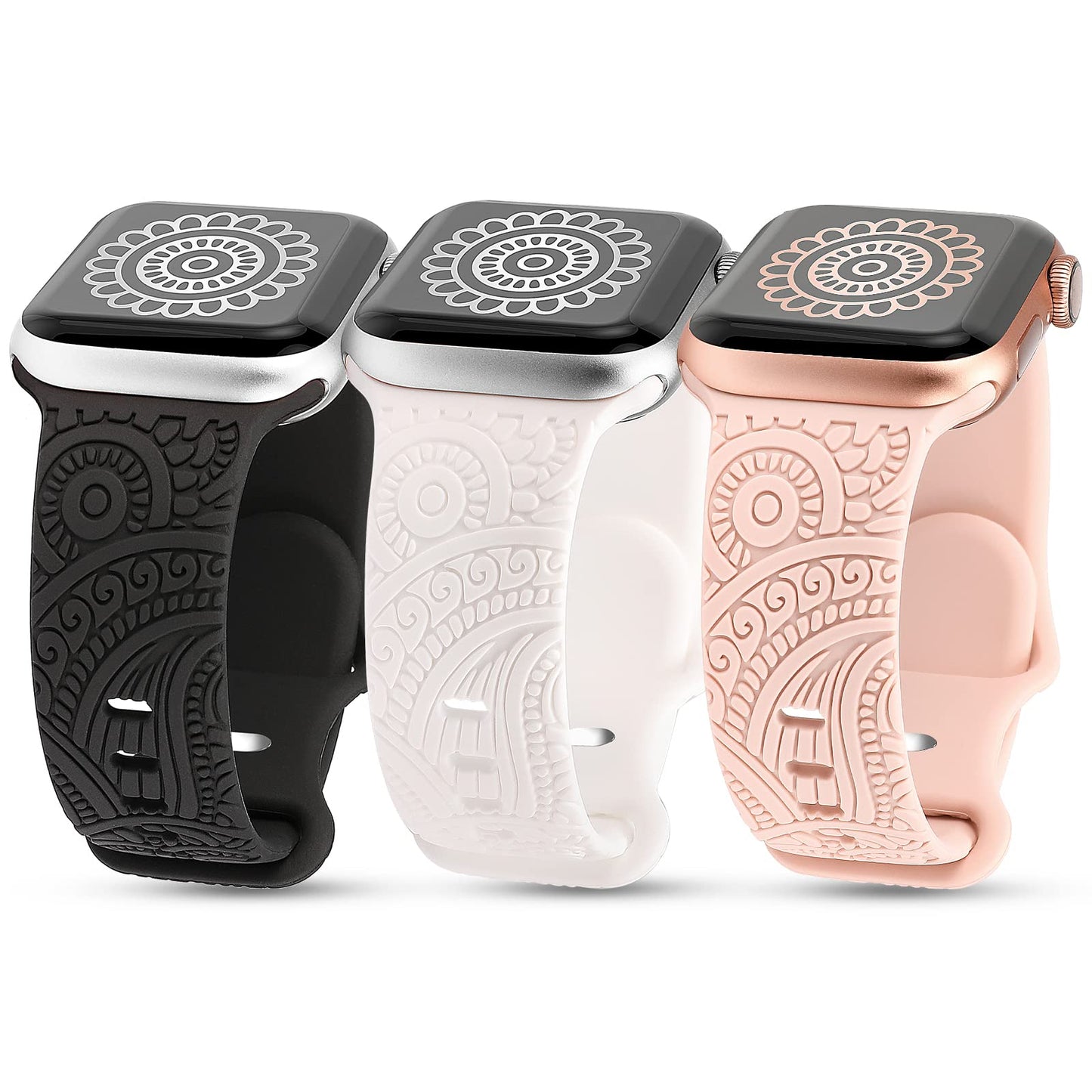 TOYOUTHS 3-Pack Compatible with Apple Watch Band 38mm 40mm 41mm Women Soft Silicone Laser Engraved Boho Floral Bracelet Sport Straps for iWatch Series 9 8 7 6 5 4 3 2 1 SE