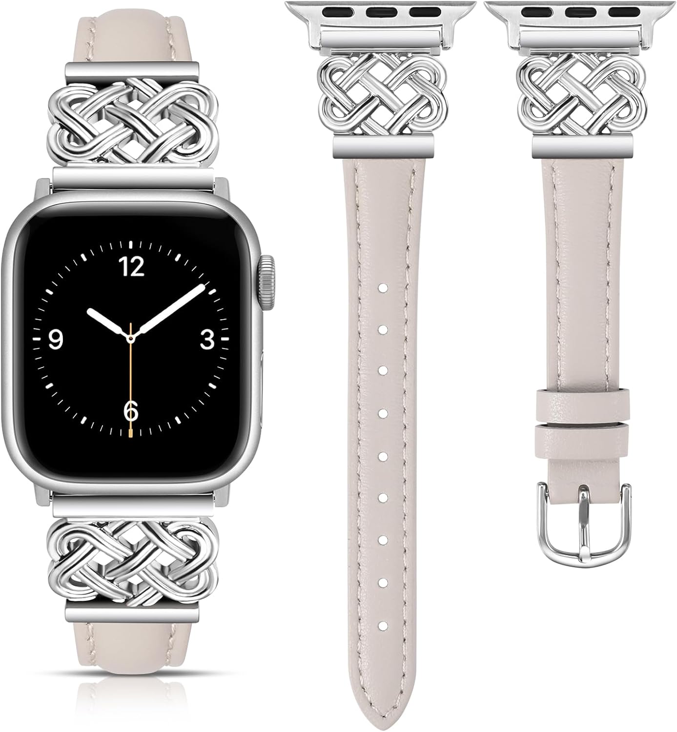 TOYOUTHS Leather Band Compatible with Apple Watch Bands 38/40/41/42/44/45/49mm Women, Slim Leather Strap with Designer Dressy Interlock Buckle for iWatch Series 9/8/7/6/5/SE/4/3/2/1 Ultra/Ultra 2