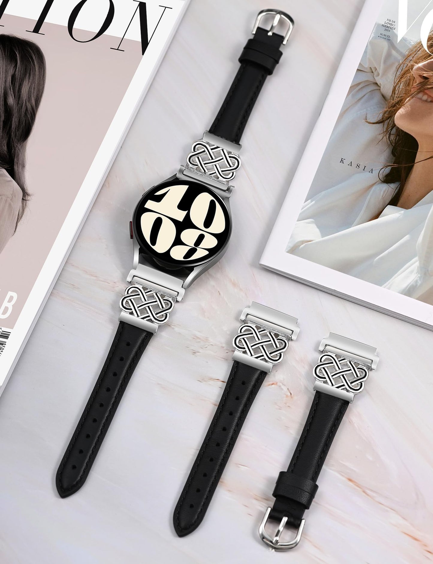 TOYOUTHS Celtic Knot Leather Band Compatible with Samsung Galaxy Watch 7 6 5 4 FE 40mm 44mm/Watch 6 Classic/Watch 5 Pro/Watch 4 Classic/Active 2/Watch 3 41mm Women, 20mm Slim Dressy Leather Strap