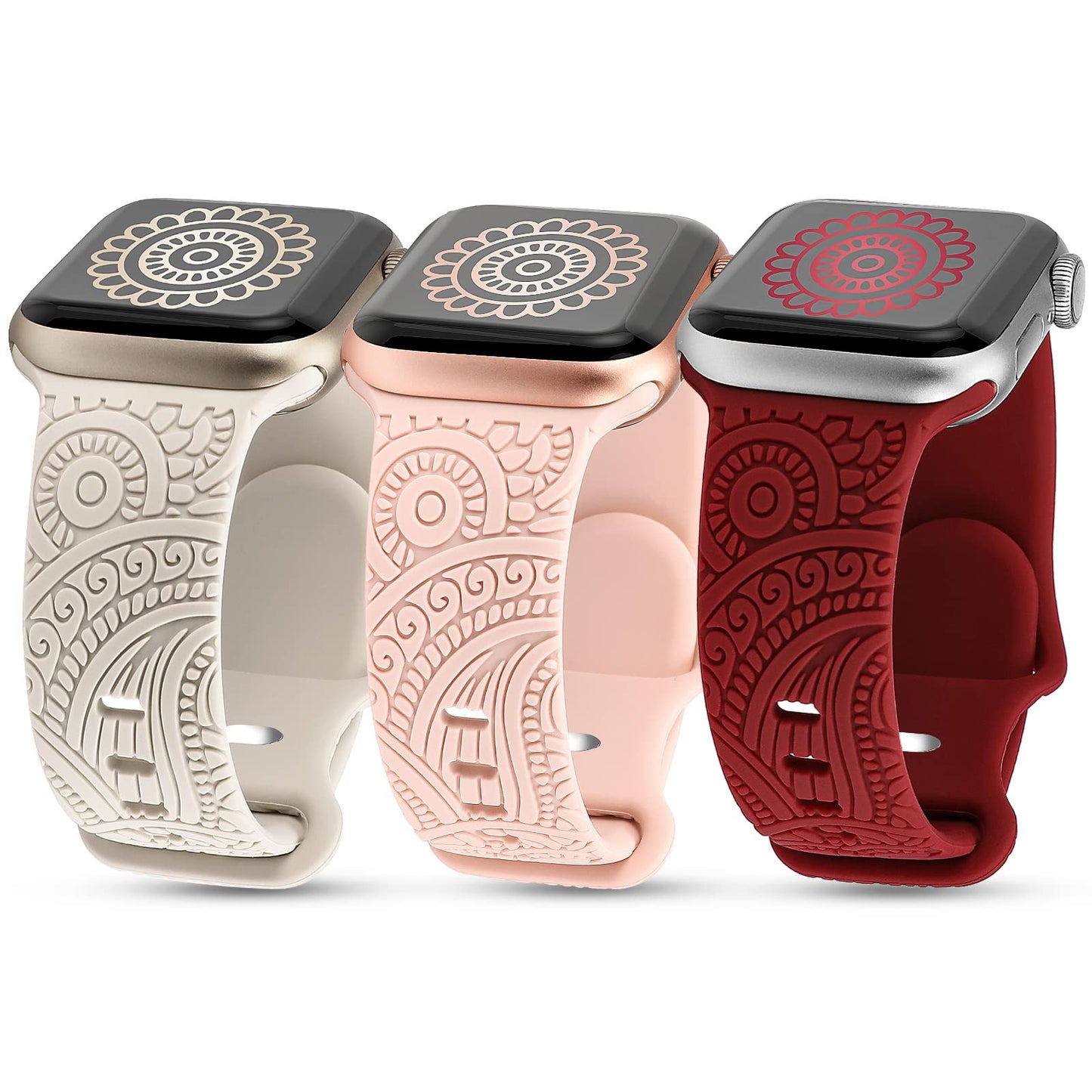 TOYOUTHS 3-Pack Compatible with Apple Watch Band 38mm 40mm 41mm Women Soft Silicone Laser Engraved Boho Floral Bracelet Sport Straps for iWatch Series 9 8 7 6 5 4 3 2 1 SE