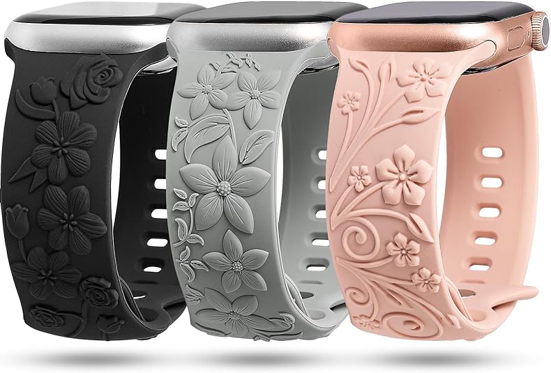 TOYOUTHS 3 Pack Floral Embossed Bands Compatible with Apple Watch Band 38/40/41/42/44/45/49mm Women, Engraved Soft Silicone 3D Flower Cute Dressy Straps for iWatch Series 9/SE/Ultra/8/7/6/5/4/3/2/1