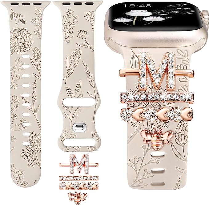 TOYOUTHS Compatible with Apple Watch Band with Charms Women Floral Engraved Silicone Strap with Decorative Ring Loops Dressy Bracelet for iWatch 38/40/41mm Series SE 8 7 6 5 4 3 2 1