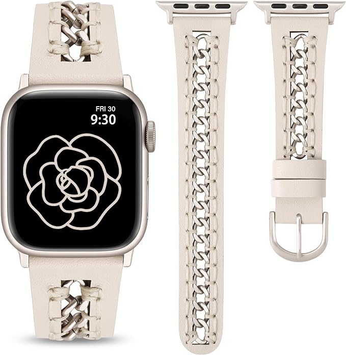 TOYOUTHS Leather Link Band Compatible with Apple Watch Strap Women 38/40/41/42/44/45/49mm Fancy Leather Bracelet with Metal Chains Cowboy Wristband for iWatch Bands Series Ultra SE 9 8 7 6 5 4 3 2 1