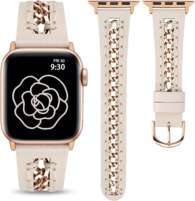 TOYOUTHS Leather Link Band Compatible with Apple Watch Strap Women 38/40/41/42/44/45/49mm Fancy Leather Bracelet with Metal Chains Cowboy Wristband for iWatch Bands Series Ultra SE 9 8 7 6 5 4 3 2 1