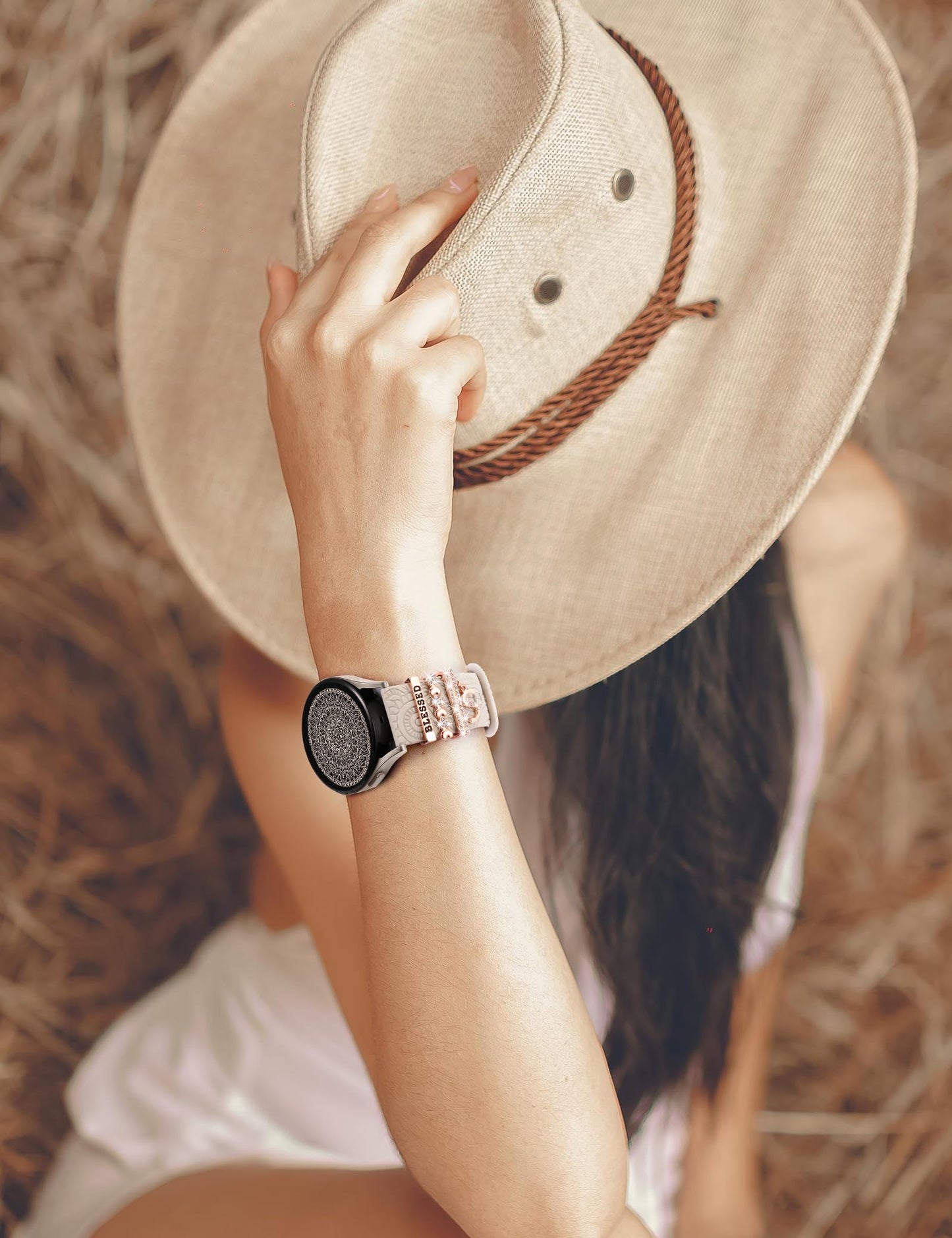 TOYOUTHS Compatible with Samsung Galaxy Watch 6/6 Classic/Watch 5/5 Pro/Watch 4 Band with Charms Women, 20mm Silicone Floral Engraved Strap with Ring Loops for Watch 3 41mm/Active 2