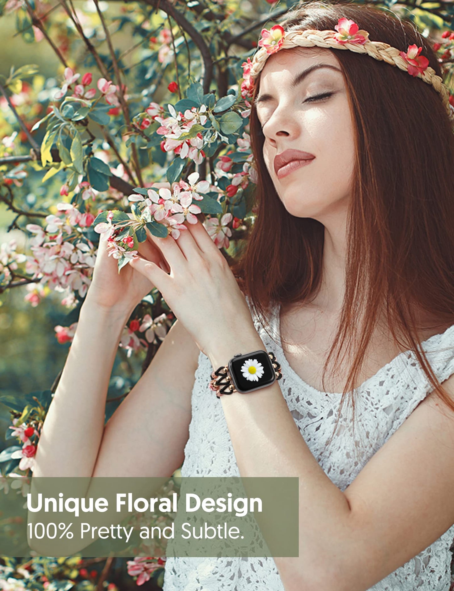 TOYOUTHS Floral Bracelet Compatible with Apple Watch Band 42/41/40/38mm Women, Boho Beaded Braided Slim Elastic Stretchy Solo Loop Dressy Nylon Strap for iWatch Series 10/9/SE/8/7/6/5/4/3/2/1
