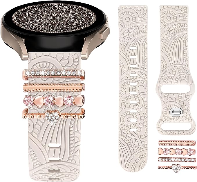TOYOUTHS Compatible with Samsung Galaxy Watch 6/6 Classic/Watch 5/5 Pro/Watch 4 Band with Charms Women, 20mm Silicone Floral Engraved Strap with Ring Loops for Watch 3 41mm/Active 2