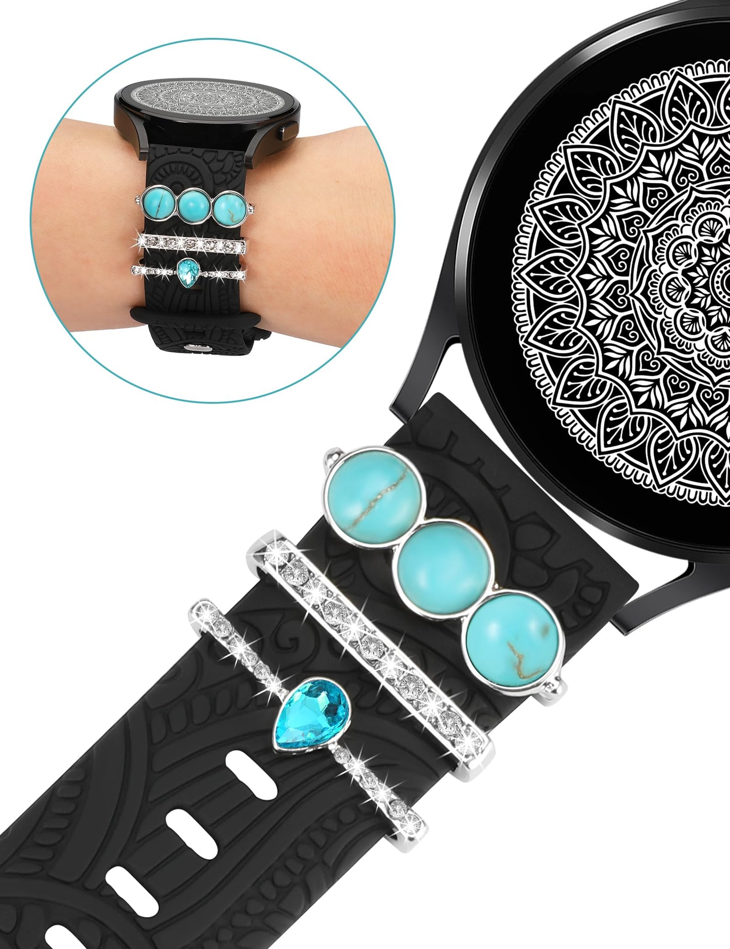 TOYOUTHS Compatible with Samsung Galaxy Watch 6/6 Classic/Watch 5/5 Pro/Watch 4 Band with Charms Women, 20mm Silicone Floral Engraved Strap with Ring Loops for Watch 3 41mm/Active 2